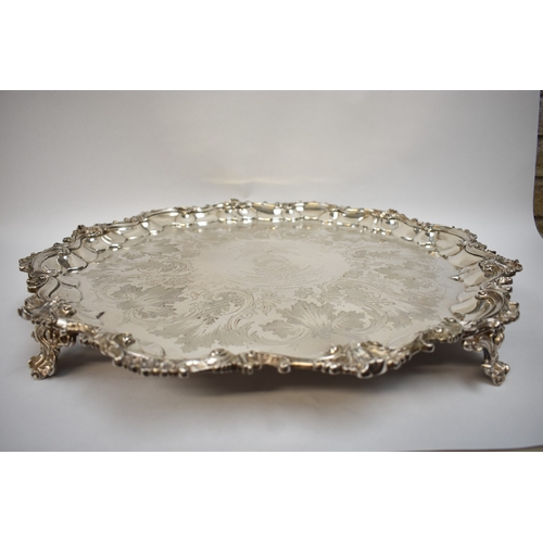 5001 - A William Ker Reid larger silver salver with shaped scroll and acanthus edge engraved floral and scr... 