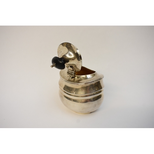 5051 - A Silver tea caddy with ebony knop finial of plain reeded form, makers mark rubbed, Birmingham 1926.... 