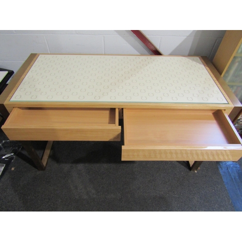 1050 - An Omega top showroom boutique table with glass insert over two soft close drawers on a metal frame ... 