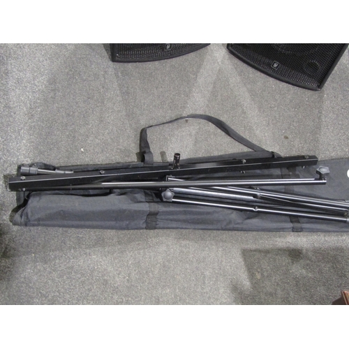 1051 - A pair of QTX Sound 200w PA speakers with stands