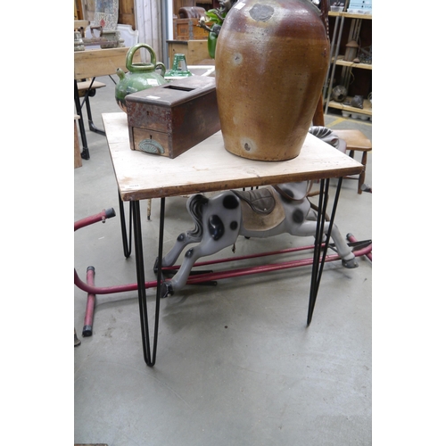 2048 - An oak café table on metal hair pin legs 2ft square