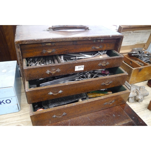 Two vintage wooden engineering boxes, one with drawers containing ...