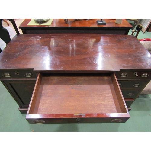 4016 - An Edwardian line inlaid mahogany breakfront twin pedestal desk, with three frieze drawers (each wit... 