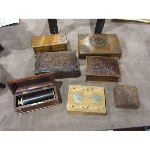 4008 - Seven assorted wooden boxes including carved examples, games boxes, brass inlaid etc.