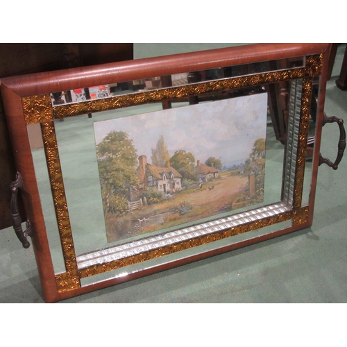 4056 - An Art Deco fire screen and mirrored mahogany tray with cottage scene and embellishments to border (... 