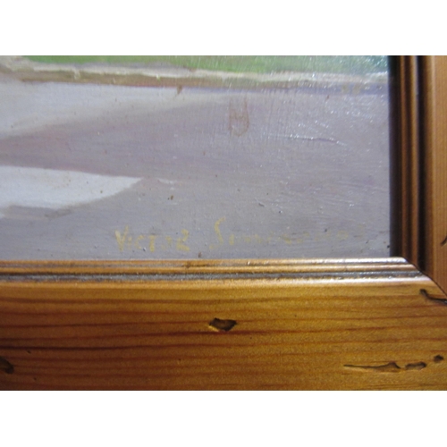 4058 - An oil on board of Southwold with lighthouse to background, indistinctly signed lower right, framed,... 