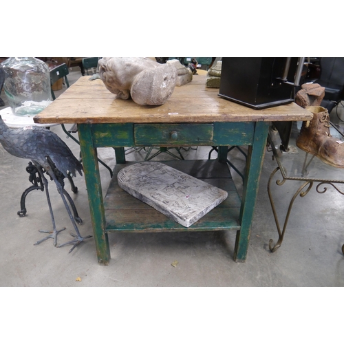 2006 - A 19th Century pine scrub top kitchen prep table on green painted base D84 x W111 x H83cm