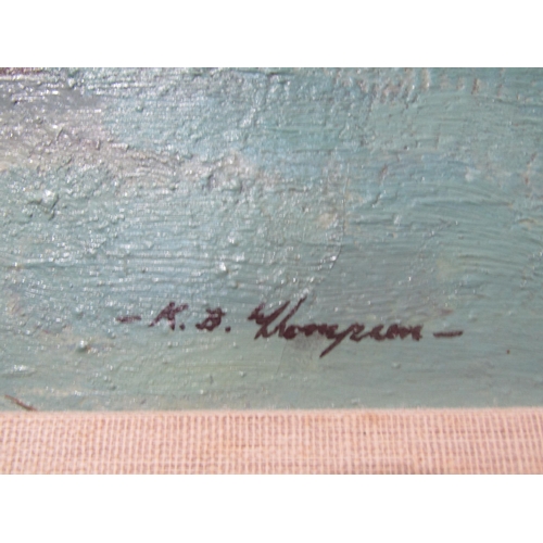 1081 - K.B. THOMPSON: An oil on board of Broads scene with moored boats, signed lower left, gilt framed, 36... 