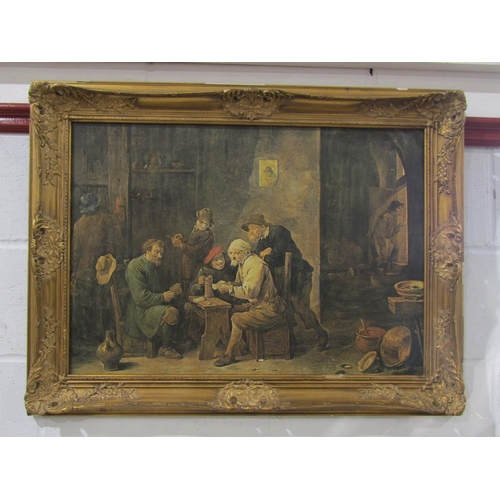 1031 - A gilt framed oleograph of a tavern scene, 48cm x 68.5cm image size