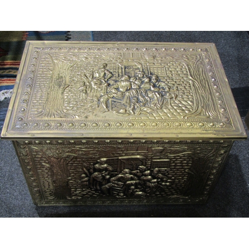 1038 - A brass coal box with tavern scene and an oak and copper tray (2)