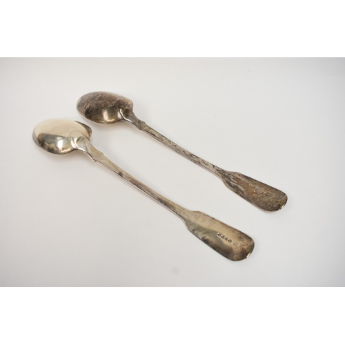 5089 - Two silver basting spoons with stag's head crest, London 1836, 30.5cm long.  324g