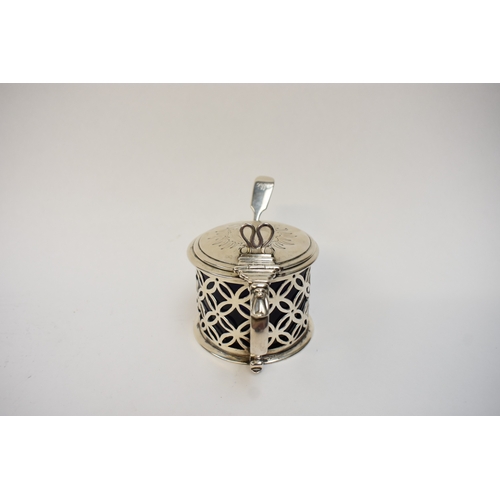 5034 - A late William IV/ early Victorian silver drum-shaped mustard pot, with hinged lid, pierced sides an... 
