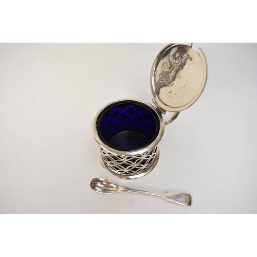 5034 - A late William IV/ early Victorian silver drum-shaped mustard pot, with hinged lid, pierced sides an... 