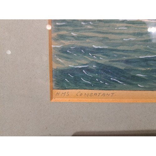 1071 - G. WISEMAN (XX): A framed and glazed watercolour and bodycolour Marine painting, HMS Combatant, penc... 
