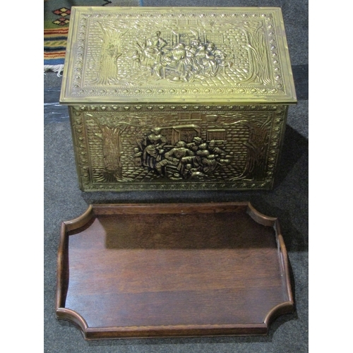 1038 - A brass coal box with tavern scene and an oak and copper tray (2)