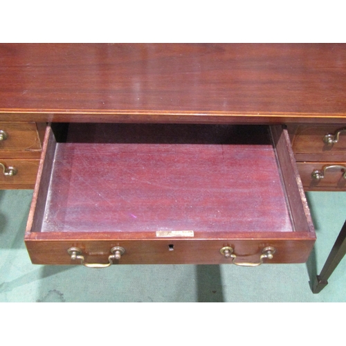 4001 - An Edwardian line inlaid mahogany side table of five drawers with brass swan neck handles on square ... 