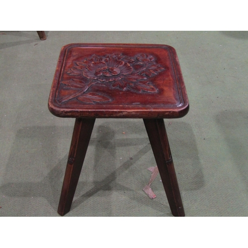 4007 - An oriental stool/jardinière stand with carved seat and bamboo style tapering legs