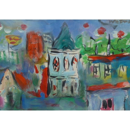 4052 - MIKE WATERS (XX/XXI) A framed mixed media painting titled 'The Church', signed to front and signed a... 