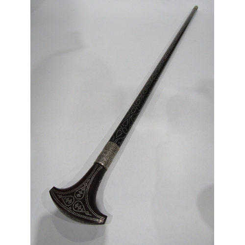 4015 - A piqué inlaid walking stick with white metal collars, 93cm long