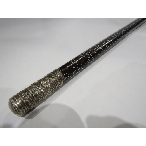 4015 - A piqué inlaid walking stick with white metal collars, 93cm long