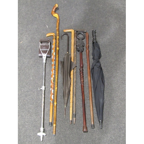 1035 - A selection of carved walking sticks including Eastern examples, shepherd's stick, a shooting stick ... 