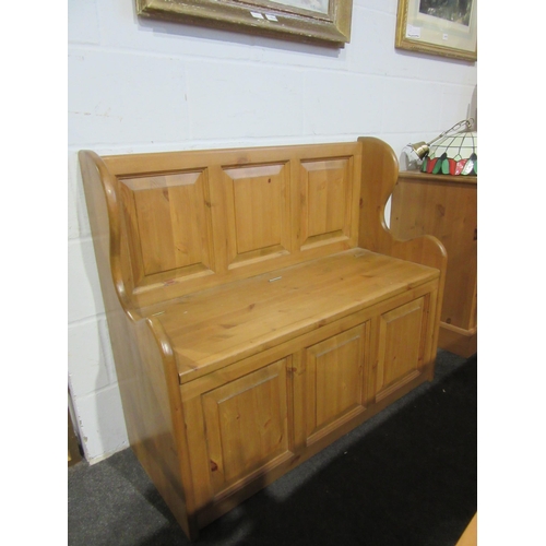 1018 - A modern pine box hall settle, 92cm tall x 106cm wide x 43cm deep