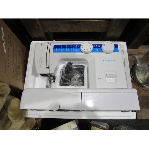 1026 - A wicker laundry basket, two teddy bears, two boxed table lamps and a boxed electric sewing machine