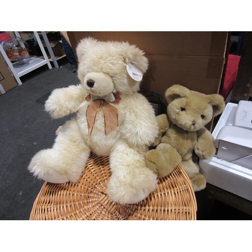 1026 - A wicker laundry basket, two teddy bears, two boxed table lamps and a boxed electric sewing machine