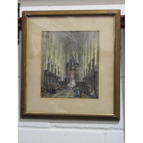 1043 - A watercolour of a Continental Cathedral interior scene, framed and glazed, 30cm x 26cm image size