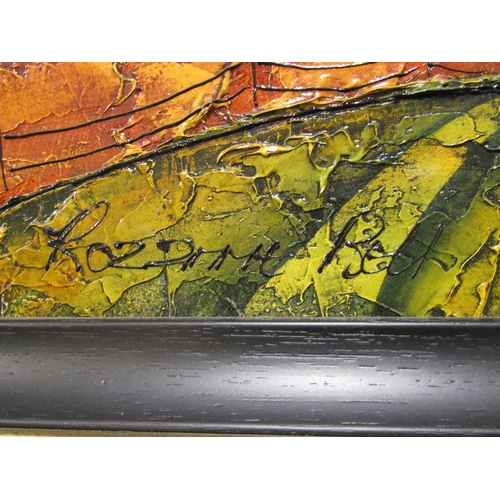 1049 - ROZANNE BELL (b.1962): An acrylic on board of town scene, Church and buildings on rolling hills, sig... 