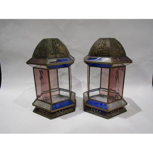 4006 - A pair of stained glass and brass coloured lanterns, 29cm height, one small pane a/f