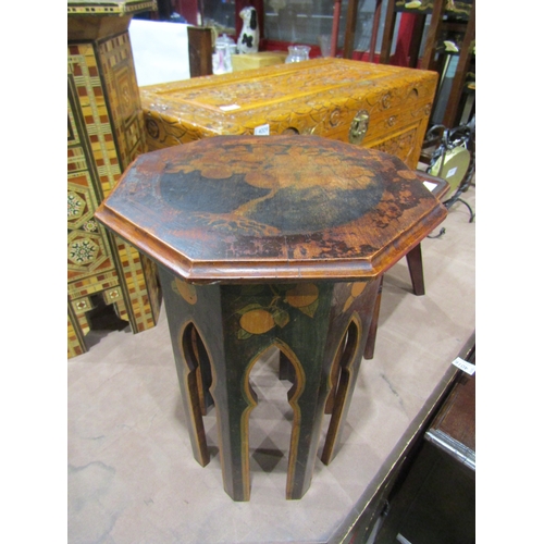 4008 - An Arts & Crafts painted jardiniere stand of Moorish form with fruit decoration, 41cm tall