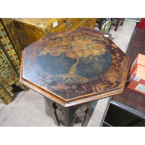 4008 - An Arts & Crafts painted jardiniere stand of Moorish form with fruit decoration, 41cm tall