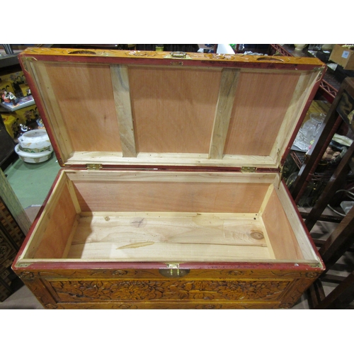 4009 - A Chinese camphor wood chest, all-over birds and foliage, 35cm tall x 88cm wide x 42cm deep