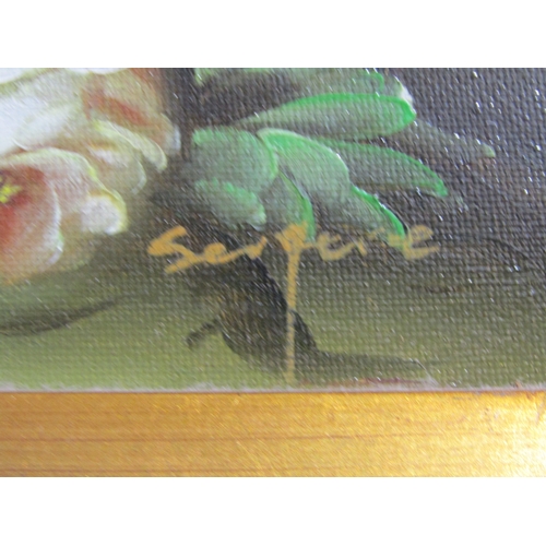 4053 - A pair of modern gilt framed still-life oils on canvas of flowers and fruit in antique style frames.... 