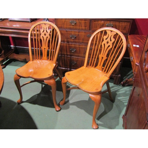 2048 - A pair of hoop back Windsor chairs with cabriole fore legs united by a crinoline stretcher