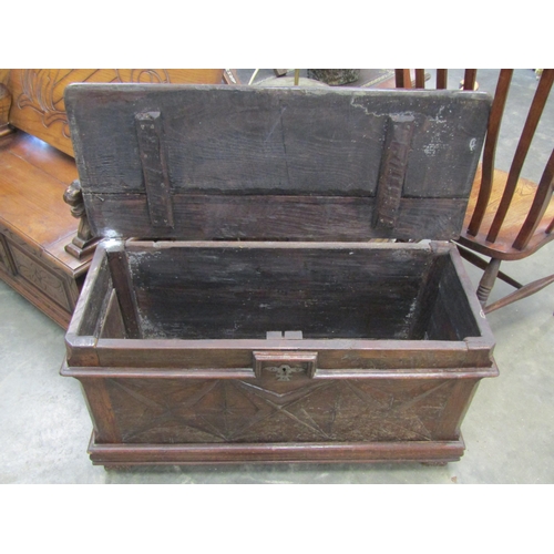 2009 - An 18th Century rustic carved chest, ironwork hinges, star detail to front, 98.5cm wide