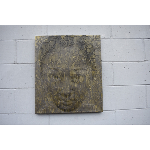 5011 - CHIT: Thai Contemporary artist: Mixed media portrait, the central image of young girl with gilt wax ... 