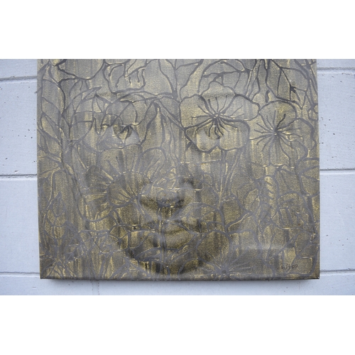 5011 - CHIT: Thai Contemporary artist: Mixed media portrait, the central image of young girl with gilt wax ... 