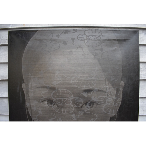 5018 - CHIT: Thai Contemporary artist: Mixed media portrait.  The front profile image of young girl with wa... 