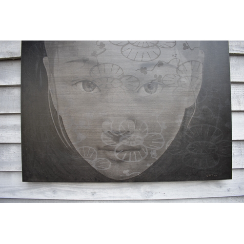 5018 - CHIT: Thai Contemporary artist: Mixed media portrait.  The front profile image of young girl with wa... 