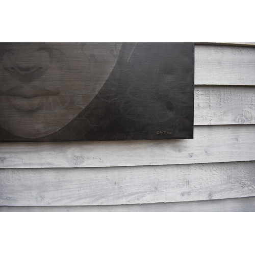 5018 - CHIT: Thai Contemporary artist: Mixed media portrait.  The front profile image of young girl with wa... 