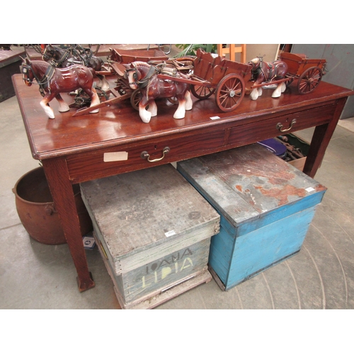 2024 - A mid 20th Century oak two drawer table, square tapering supports 90x152cm