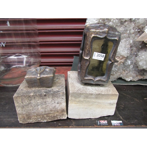 2058 - A stone mounted cast metal lantern and a dish