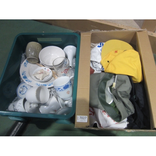 7027 - Two boxes containing various ephemera, uniform patches, crockery and others all relating to Chinese ... 