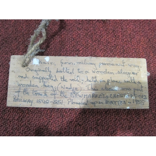 7086 - Two cast iron rail chairs, one reputedly from the Newmarket - Chesterfield Railway, a short lived ra... 