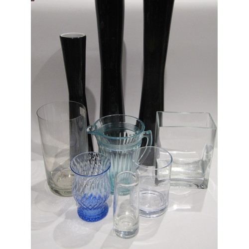 4349 - A mixed lots of glassware to include three mid century black slender vases, tallest 50cm