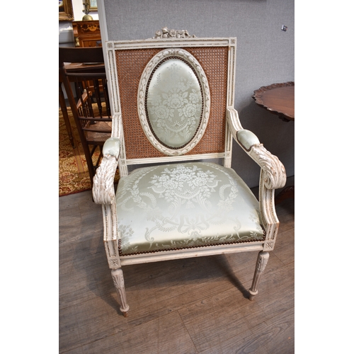 4070 - An 18th Century style French fauteuil white-painted open armchair with damask upholstery and cane ba... 