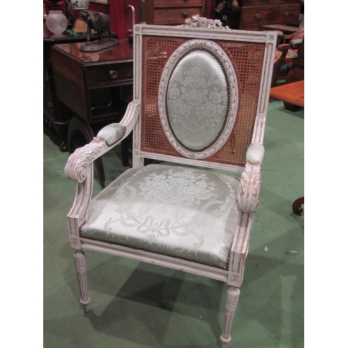 4070 - An 18th Century style French fauteuil white-painted open armchair with damask upholstery and cane ba... 
