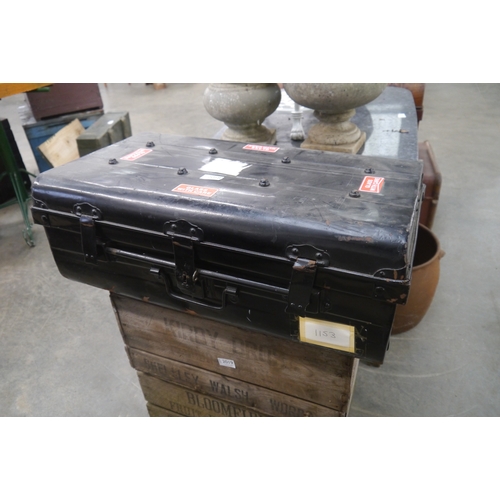 2018 - A black metal lockable trunk 23cm tall x 68cm long x 40cm wide